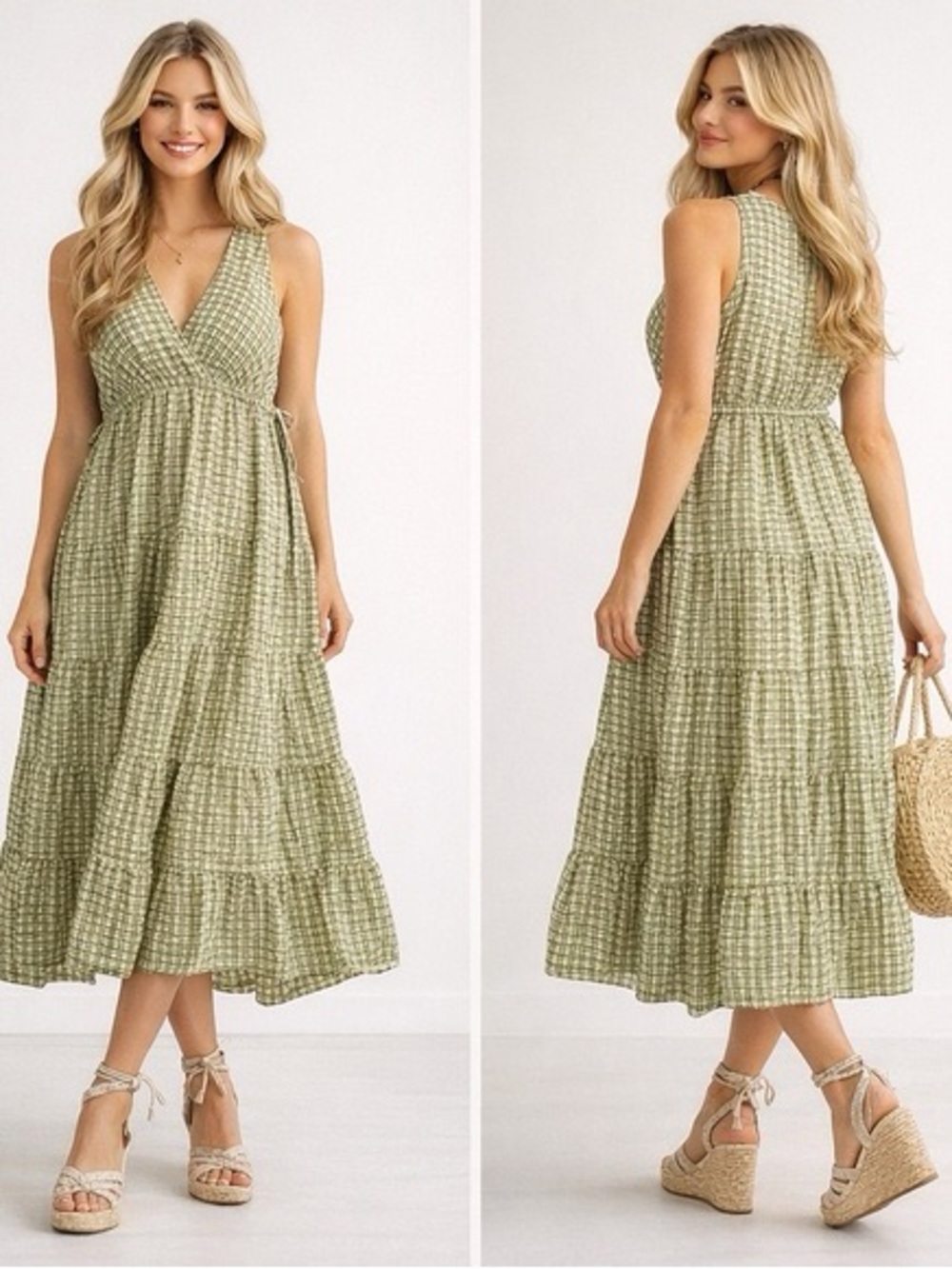 Max Studio Olive Green Gingham Midi Dress